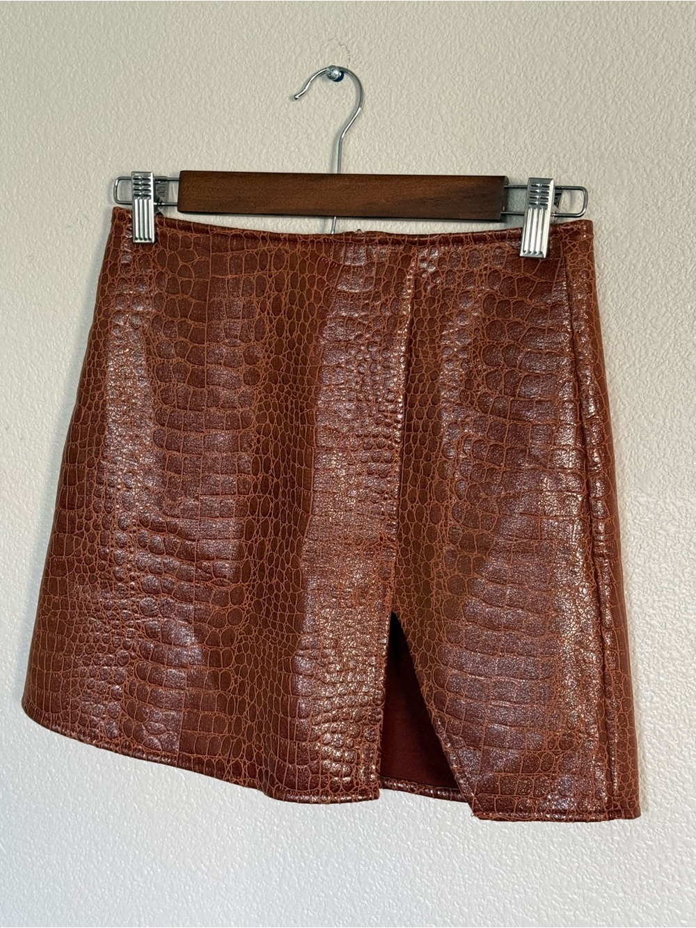 Motel Rocks Brown Croc-Embossed Mini Skort with Front Slit